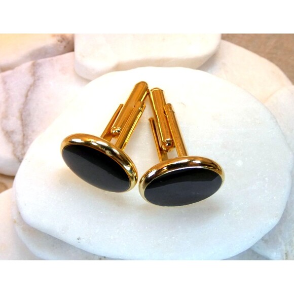 VTG  10k Yellow Gold Plated Black Onyx Cufflinks Mid Century - Picture 2 of 5